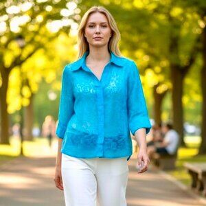 Ruby Rd Petite Turquoise Sheer Burnout Button Front Blouse 4P